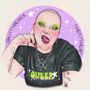 A digital self portrait of Kitty. They have their head leaned on their hand as they stick out their tongue while making an exaggerated expression. They have in a black tee shirt that says "queer", a large pentagram necklace, big lime green eyeshadow with l
